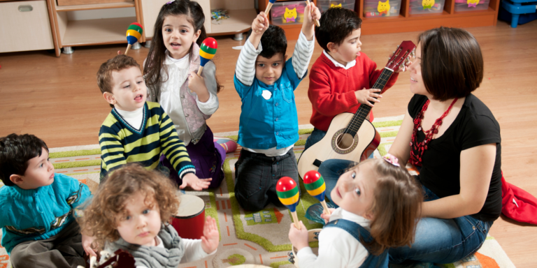 A group of children taking a music class