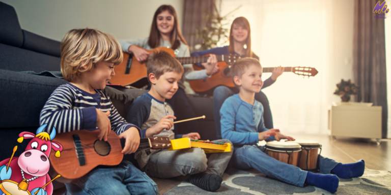 Family Friendly Music with family playing music instruments together on couch